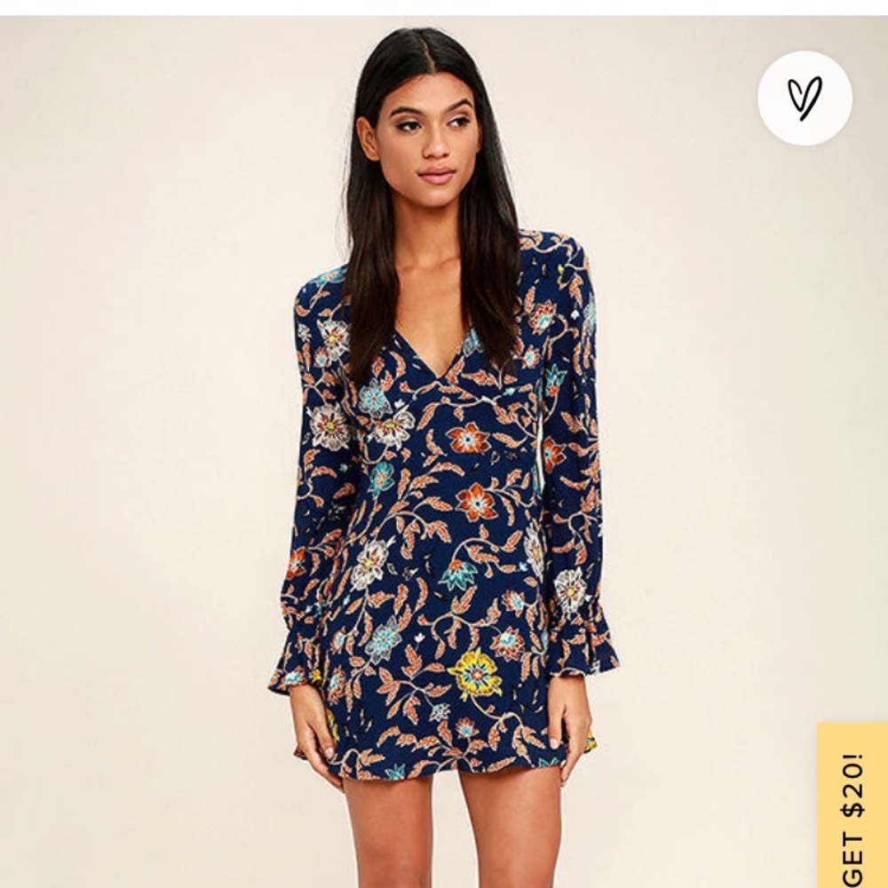 Lulus Open Country Navy Blue Floral Print Long Sleeve Dress